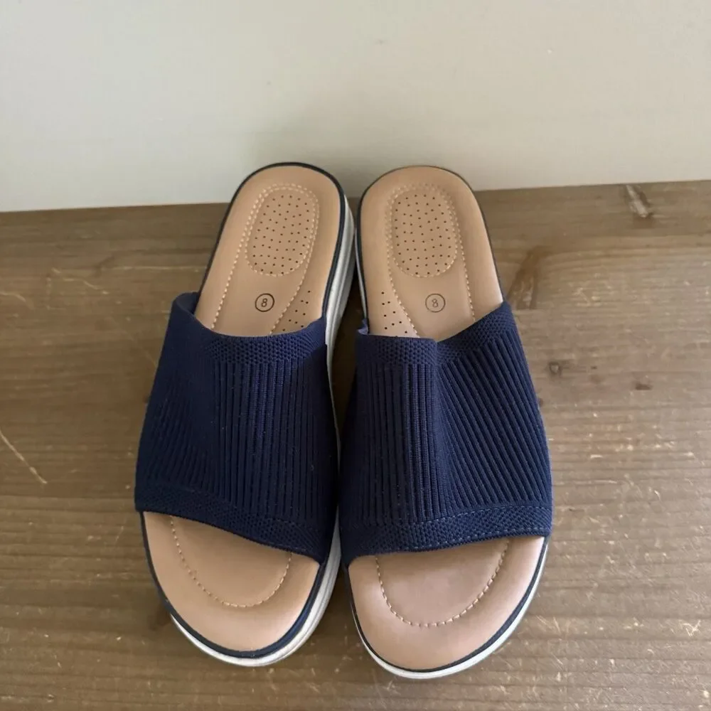 Mysoft Women Comfy Slide Sandals Air Cushion Knit Slip On Wedge Sz 8  Navy Blue